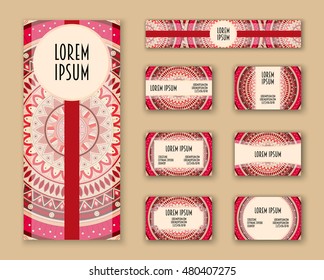 Business cards, invitations and banner template set. Ethnic mandala pattern and ornaments in boho style. Oriental design Layout. Asian, Arabic, Indian, ottoman motifs.