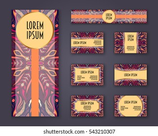 Business cards, invitations and banner template set. Ethnic mandala pattern and ornaments in boho style. Oriental design Layout. Asian, Arabic, Indian, ottoman motifs.