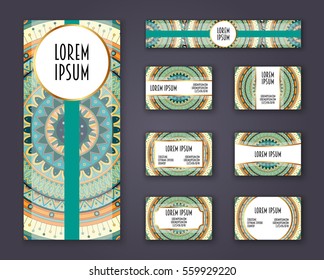 Business cards, invitations and banner template set. Ethnic mandala pattern and ornaments in boho style. Oriental design Layout. Asian, Arabic, Indian, ottoman motifs.