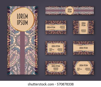 Business cards, invitations and banner template set. Ethnic mandala pattern and ornaments in boho style. Oriental design Layout. Asian, Arabic, Indian, ottoman motifs.