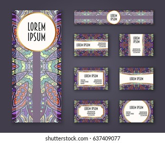 Business cards, invitations and banner template set. Ethnic mandala pattern and ornaments in boho style. Oriental design Layout. Asian, Arabic, Indian, ottoman motifs.