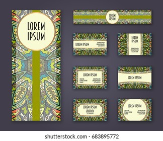 Business cards, invitations and banner template set. Ethnic mandala pattern and ornaments in boho style. Oriental design Layout. Asian, Arabic, Indian, ottoman motifs.