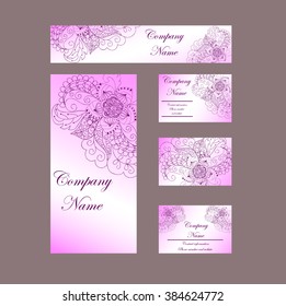 Business cards invitations green.Vector template for business artworks: folder, business card and invitation on floral background