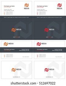 business cards with the letter m, gray, orange and red colors