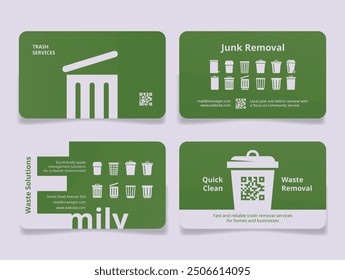 Business cards for a local waste removal service that offers eco-friendly waste and trash disposal solutions for residential and commercial properties, ensuring cleanliness and efficiency.