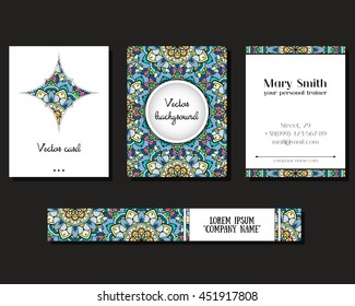 Business cards with mandala pattern for your company and professionals. Identity with hand drawn doodle mandala pattern. Flyers, posters, cards design for company brand. Vector illustration