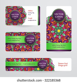 Business cards with mandala. Vector template, tribal theme. 