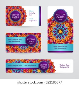 Business cards with mandala. Vector template, tribal theme. 