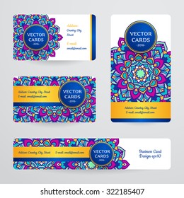 Business cards with mandala. Vector template, tribal theme. 