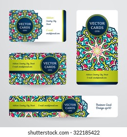 Business cards with mandala. Vector template, tribal theme. 