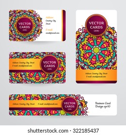 Business cards with mandala. Vector template, tribal theme. .