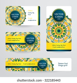 Business cards with mandala. Vector template, tribal theme. 