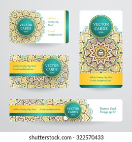 Business cards with mandala. Vector template, tribal theme. 