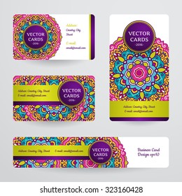 Business cards with mandala. Vector template, tribal theme. Vintage card collection.