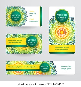 Business cards with mandala. Vector template, tribal theme. 