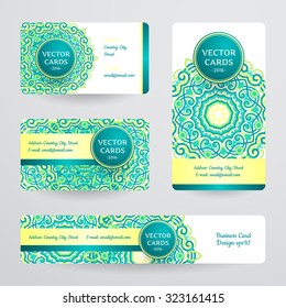 Business cards with mandala. Vector template, tribal theme. 