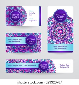 Business cards with mandala. Vector template, tribal theme. 