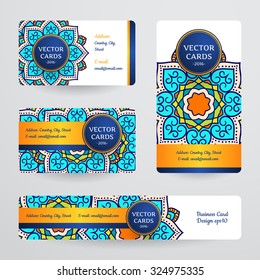 Business cards with mandala. Vector template, tribal theme. 