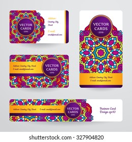 Business cards with mandala. Vector template, tribal theme. 