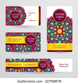Business cards with mandala. Vector template, tribal theme. 