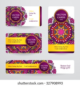 Business cards with mandala. Vector template, tribal theme. 