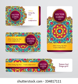 Business cards with mandala. Vector template, tribal theme. 