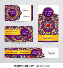 Business cards with mandala. Vector template, tribal theme. 