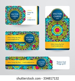 Business cards with mandala. Vector template, tribal theme. 