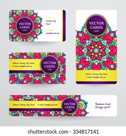 Business cards with mandala. Vector template, tribal theme. 