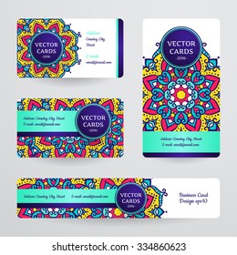 Business cards with mandala. Vector template, tribal theme. 