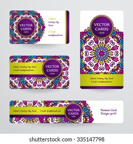 Business cards with mandala. Vector template, tribal theme. 