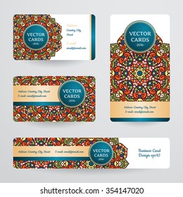 Business cards with mandala. Vector template, tribal theme. 