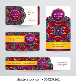 Business cards with mandala. Vector template, tribal theme. 
