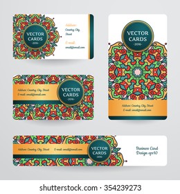 Business cards with mandala. Vector template, tribal theme. 