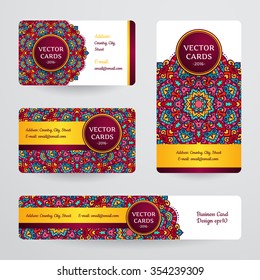 Business cards with mandala. Vector template, tribal theme. 