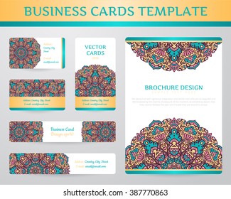 Business cards with mandala. Vector template, tribal theme. Vintage brochure collection.