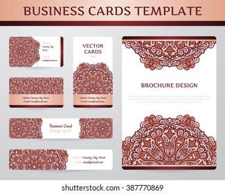 Business cards with mandala. Vector template, tribal theme. Vintage brochure collection.