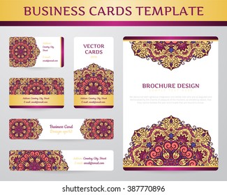 Business cards with mandala. Vector template, tribal theme. Vintage brochure collection.