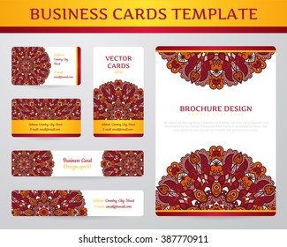 Business cards with mandala. Vector template, tribal theme. Vintage brochure collection.