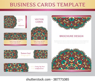Business cards with mandala. Vector template, tribal theme. Vintage brochure collection.