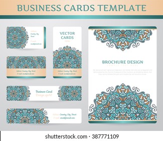 Business cards with mandala. Vector template, tribal theme. Vintage brochure collection.