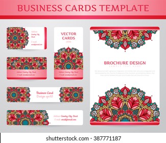 Business cards with mandala. Vector template, tribal theme. Vintage brochure collection.