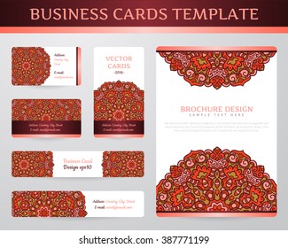 Business cards with mandala. Vector template, tribal theme. Vintage brochure collection.
