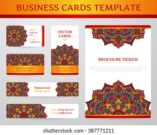 Business cards with mandala. Vector template, tribal theme. Vintage brochure collection.