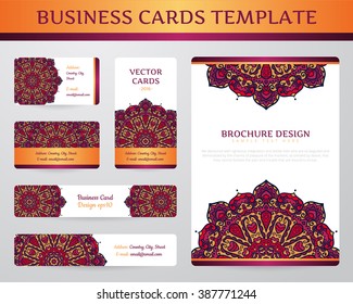 Business cards with mandala. Vector template, tribal theme. Vintage brochure collection.