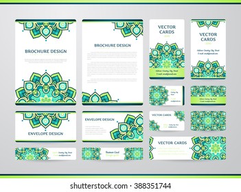 Business cards with mandala. Vector template, tribal theme. Vintage envelope and brochure collection.