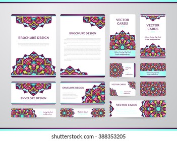 Business cards with mandala. Vector template, tribal theme. Vintage envelope and brochure collection.