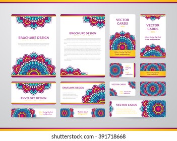 Business cards with mandala. Vector template, tribal theme. Vintage envelope and brochure collection.