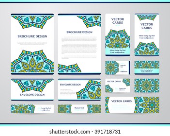 Business cards with mandala. Vector template, tribal theme. Vintage envelope and brochure collection.