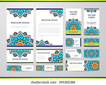 Business cards with mandala. Vector template, tribal theme. Vintage envelope and brochure collection.
